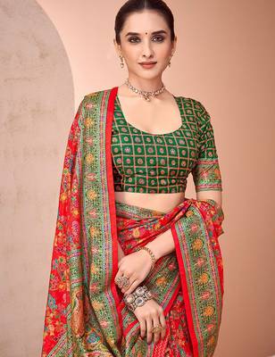 Red ethnic motifs printed festive wear saree with matching unstitched blouse 4