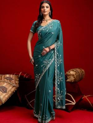 Teal embroidered sarees blouse piece 2