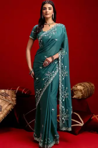 Teal embroidered sarees blouse piece