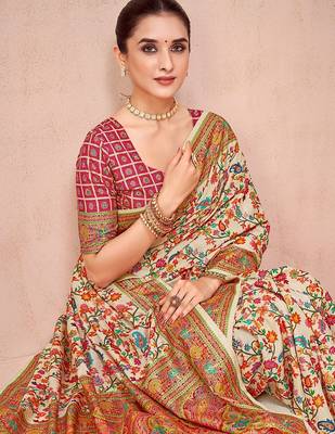 Beige ethnic motifs printed festive wear saree with matching unstitched blouse 1