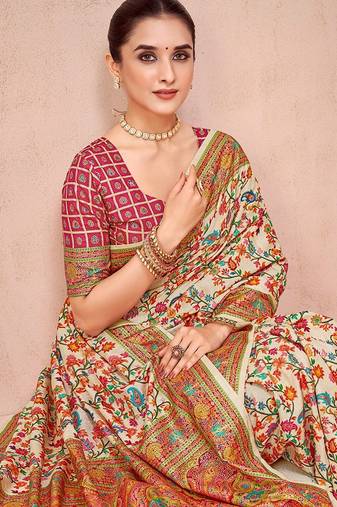 Beige ethnic motifs printed festive wear saree with matching unstitched blouse