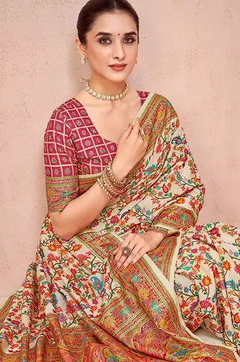 Beige ethnic motifs printed festive wear saree with matching unstitched blouse