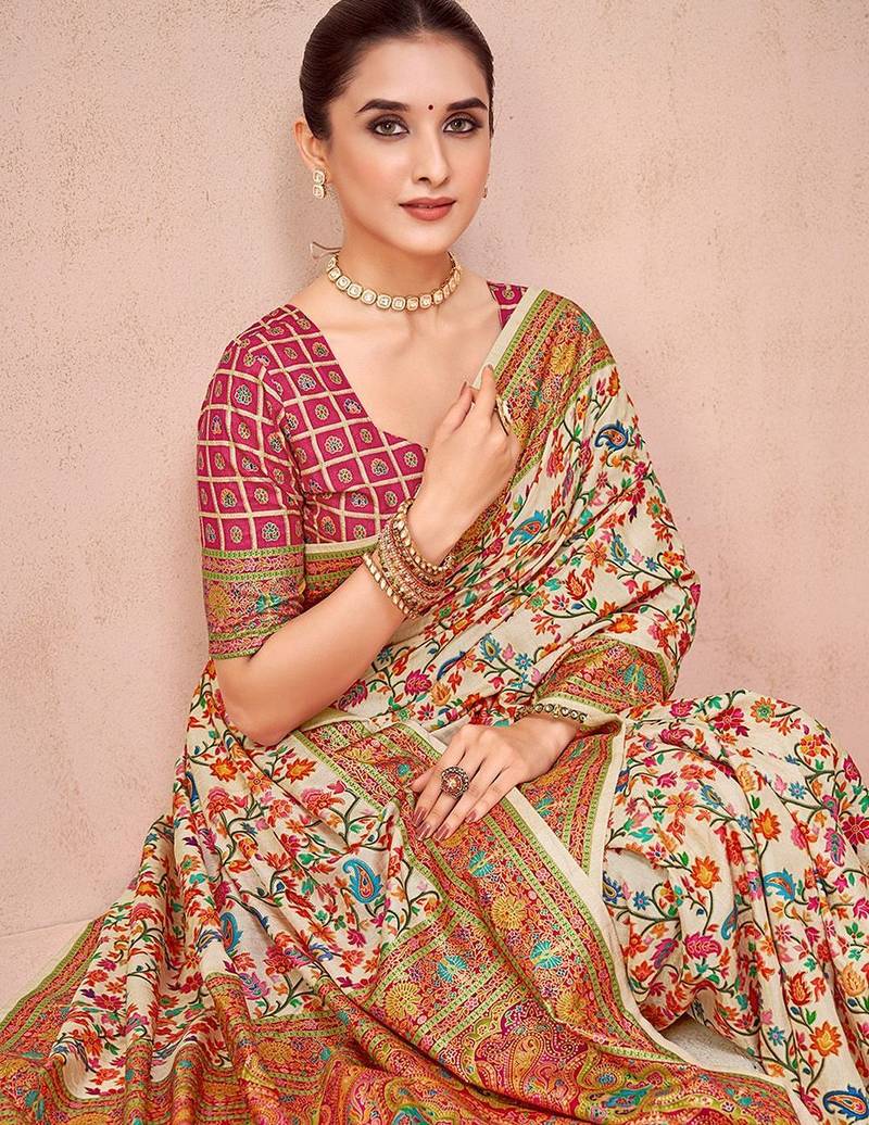 Beige ethnic motifs printed festive wear saree with matching unstitched blouse