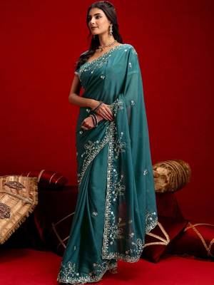 Teal embroidered sarees blouse piece 3