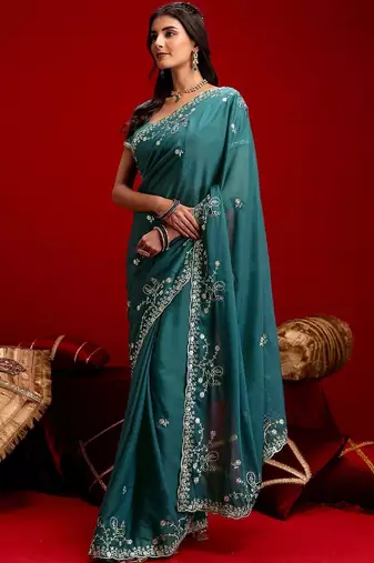 Teal embroidered sarees blouse piece