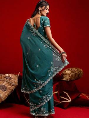Teal embroidered sarees blouse piece 4