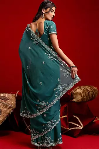 Teal embroidered sarees blouse piece