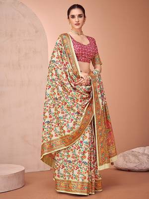 Beige ethnic motifs printed festive wear saree with matching unstitched blouse 2