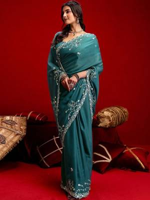 Teal embroidered sarees blouse piece 5