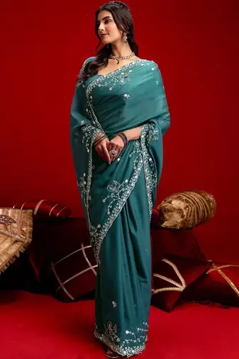 Teal embroidered sarees blouse piece