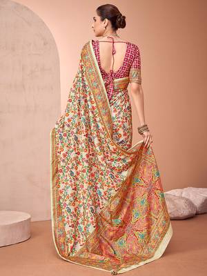 Beige ethnic motifs printed festive wear saree with matching unstitched blouse 3