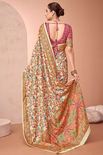 Beige ethnic motifs printed festive wear saree with matching unstitched blouse