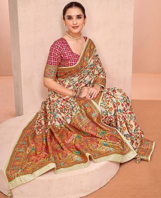 Beige ethnic motifs printed festive wear saree with matching unstitched blouse 4