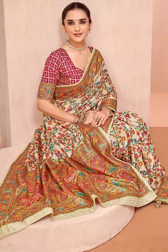 Beige ethnic motifs printed festive wear saree with matching unstitched blouse