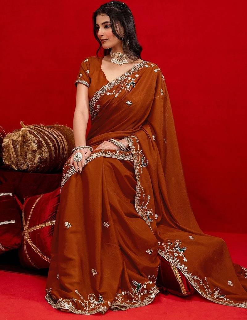 Brown embroidered sarees blouse piece