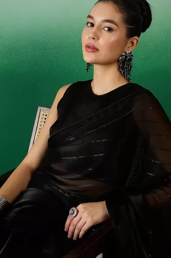 Black striped sequinned satin sarees