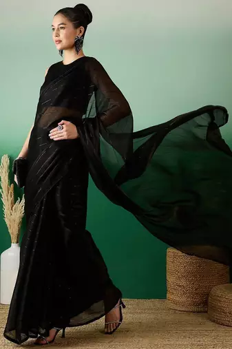 Black striped sequinned satin sarees