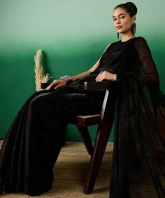 Black striped sequinned satin sarees 4