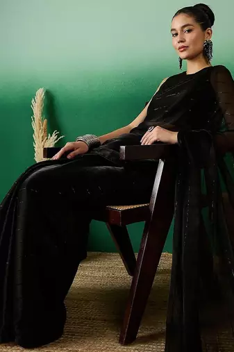 Black striped sequinned satin sarees