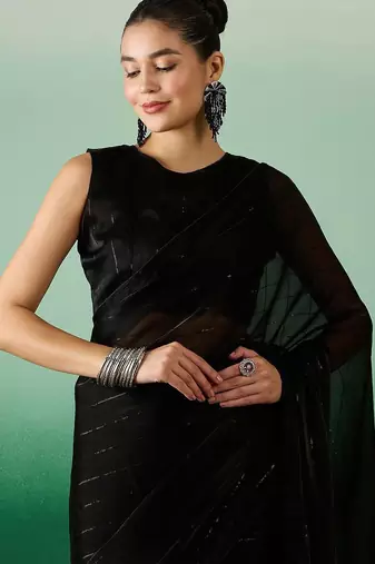 Black striped sequinned satin sarees