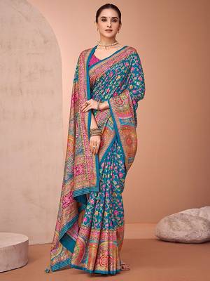 Teal women paisley printed patola saree 1