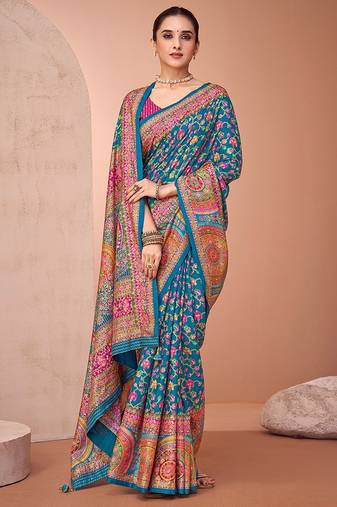 Teal women paisley printed patola saree