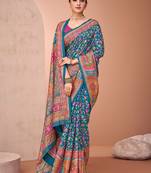 Teal women paisley printed patola saree