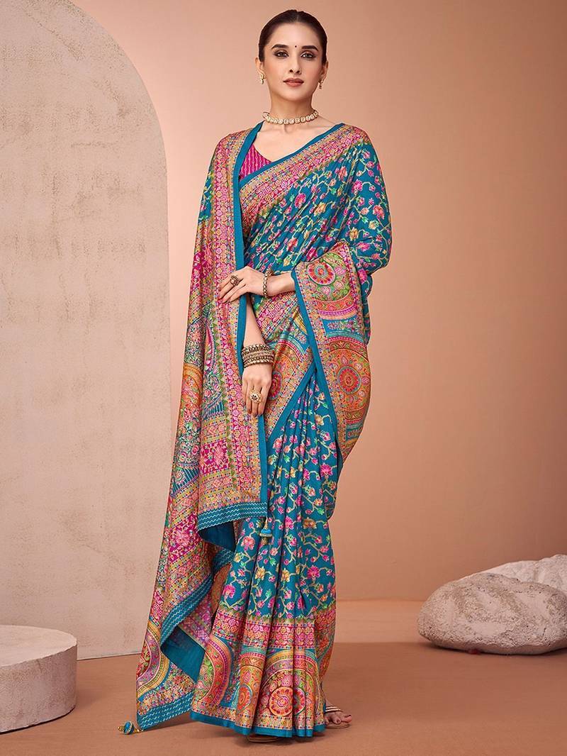 Teal women paisley printed patola saree