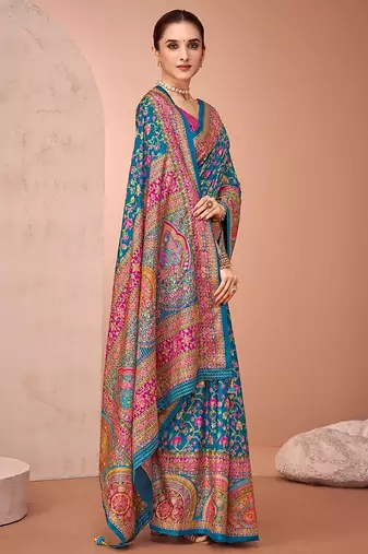 Teal women paisley printed patola saree