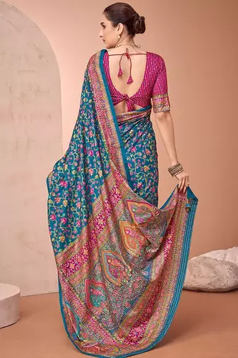Teal women paisley printed patola saree
