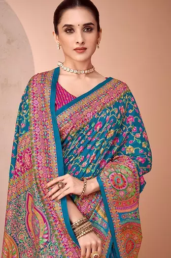 Teal women paisley printed patola saree