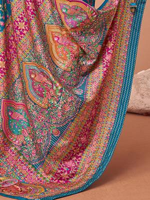 Teal women paisley printed patola saree 5