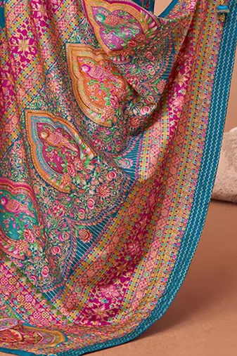 Teal women paisley printed patola saree