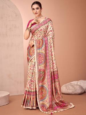 Cream ethnic motif printed patola saree 1