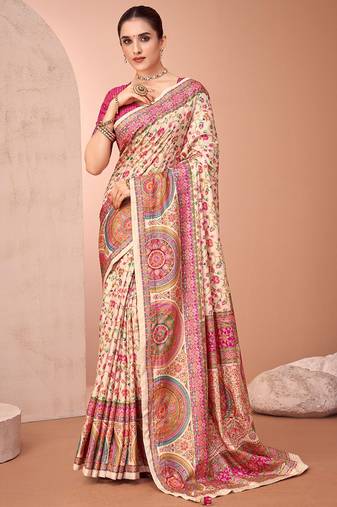 Cream ethnic motif printed patola saree