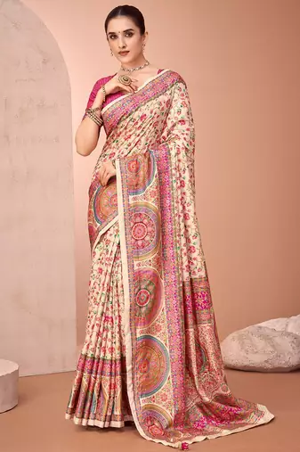 Cream ethnic motif printed patola saree