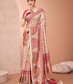 Cream ethnic motif printed patola saree