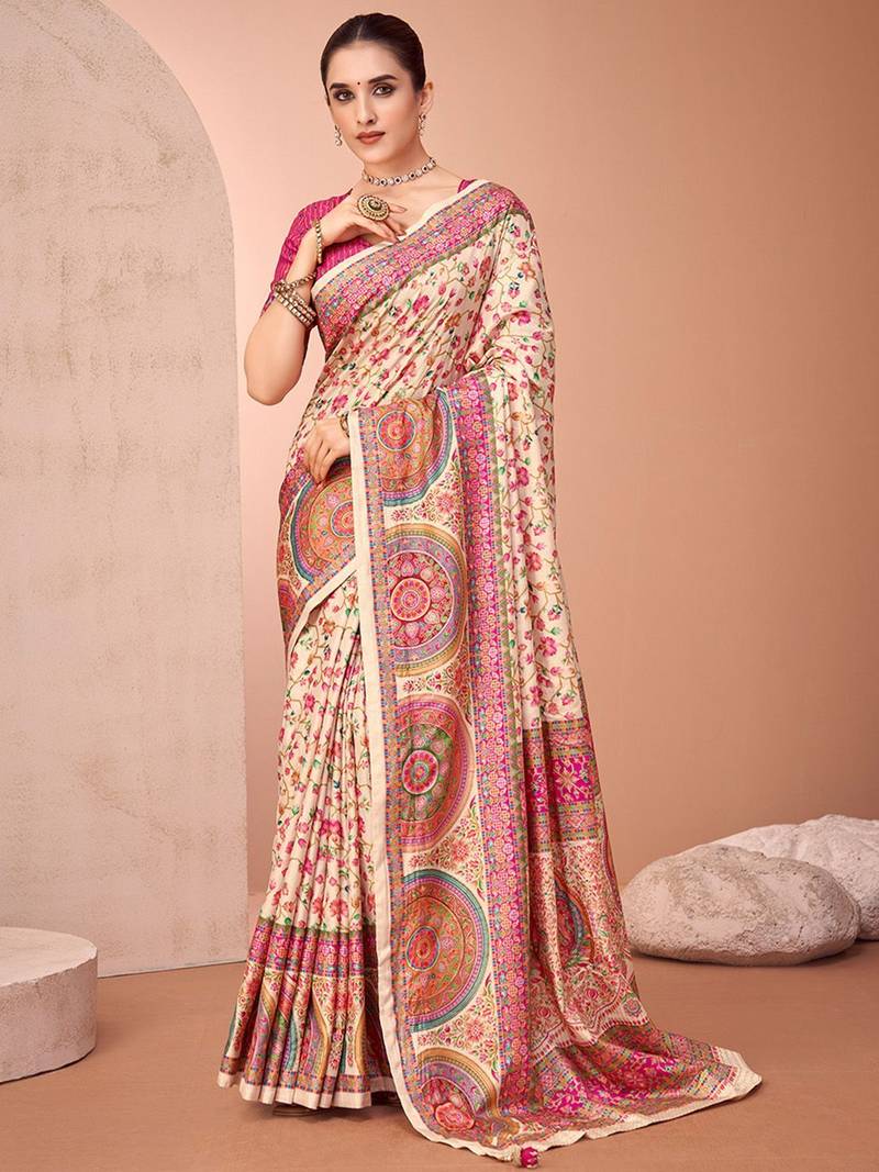Cream ethnic motif printed patola saree