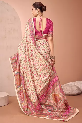 Cream ethnic motif printed patola saree