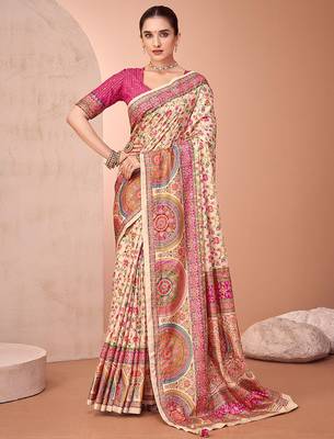 Cream ethnic motif printed patola saree 3