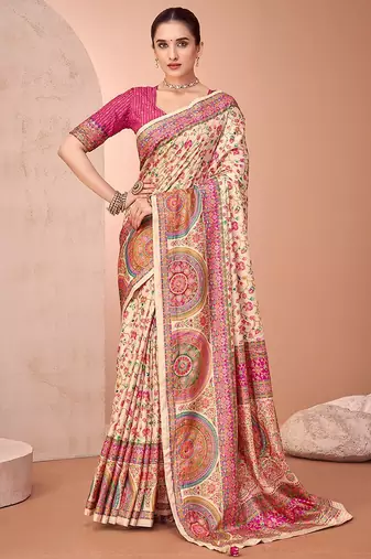 Cream ethnic motif printed patola saree