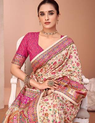 Cream ethnic motif printed patola saree 4