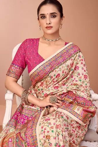 Cream ethnic motif printed patola saree