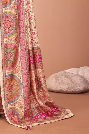 Cream ethnic motif printed patola saree