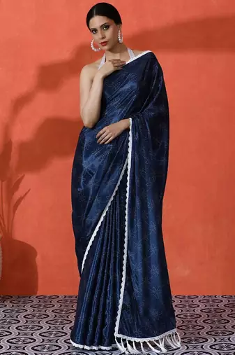 Blue embellished floral printed digital printed satin saree with blouse piece