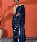Blue embellished floral printed digital printed satin saree with blouse piece