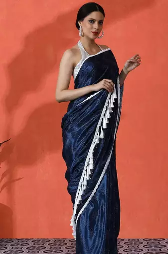 Blue embellished floral printed digital printed satin saree with blouse piece