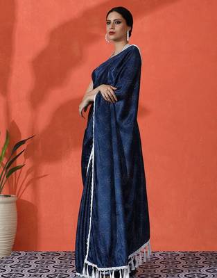 Blue embellished floral printed digital printed satin saree with blouse piece 3
