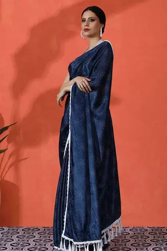 Blue embellished floral printed digital printed satin saree with blouse piece