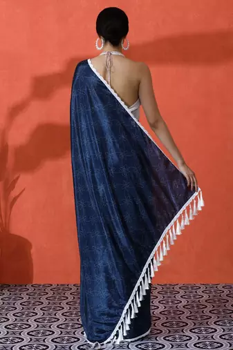 Blue embellished floral printed digital printed satin saree with blouse piece